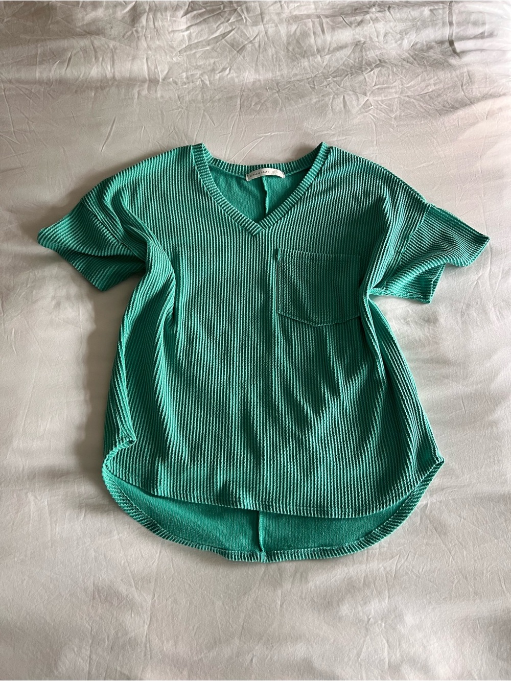 Altar'd State Ribbed V-Neck Pocket Tee in Teal Green